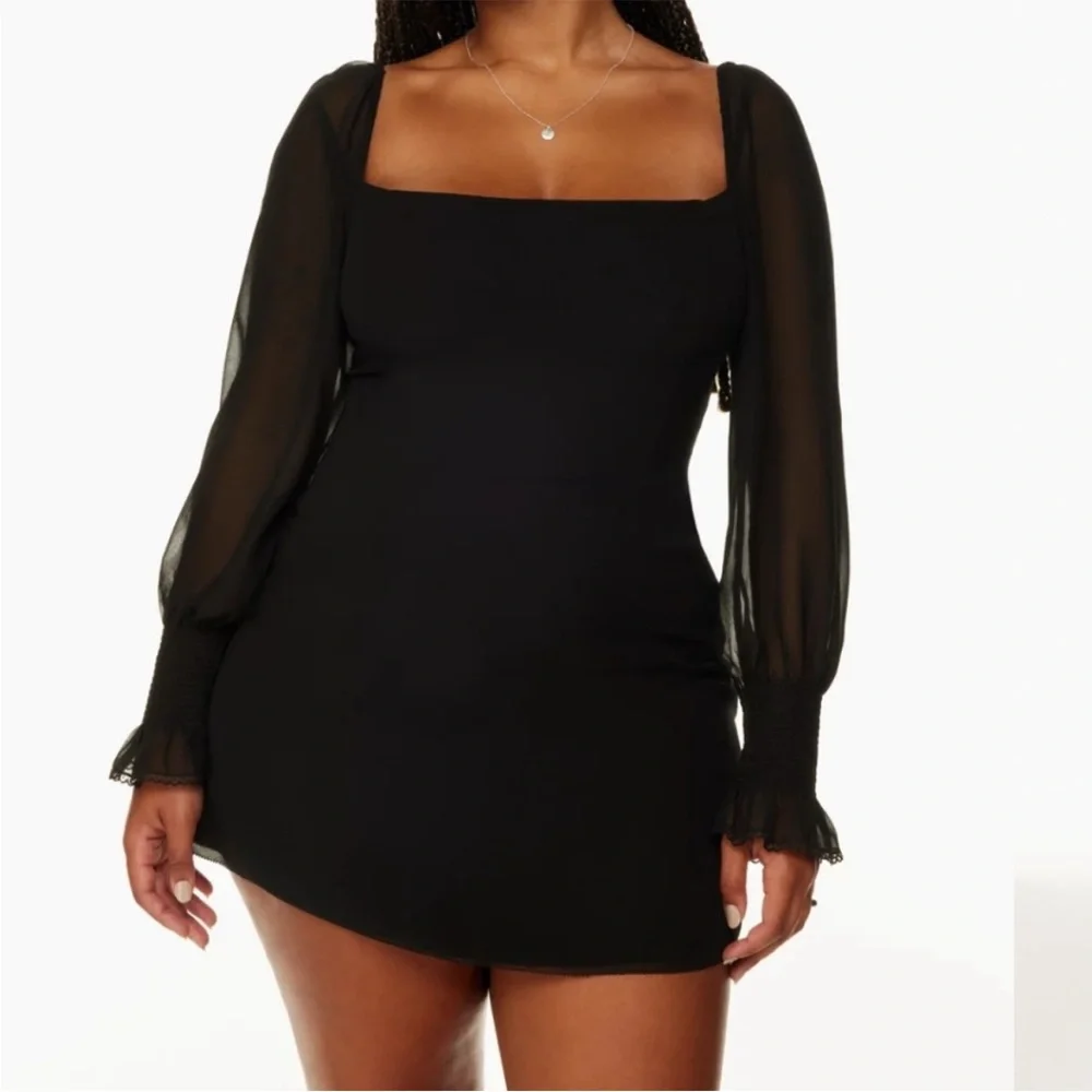 Wilfred Aritzia Emmylou Squareneck Chiffon Mini‎ Dress NWT 4 Black Long Sleeve